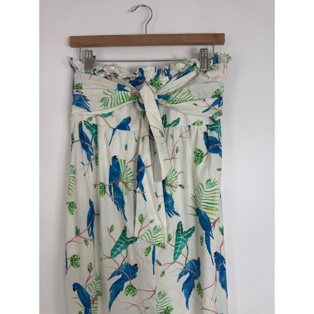 Tropical Farm Rio Womens S Strapless Jumpsuit White Blue Macaw Linen Blend Tie - Picture 12 of 13